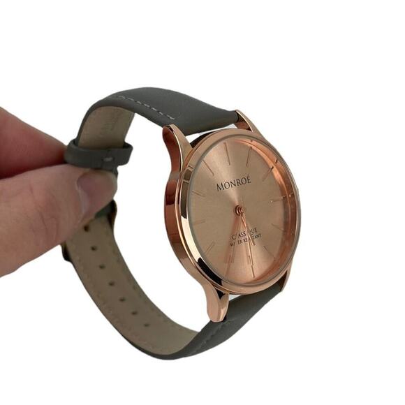 NWOT MONROE SOLÉROSE WATCH CHARCOAL LEATHER ROSE GOLD - Picture 4 of 16